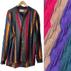 VTG 90s Coogi Nouveau Collection Multicolor 3D Textured Knit Button Up Shirt XL